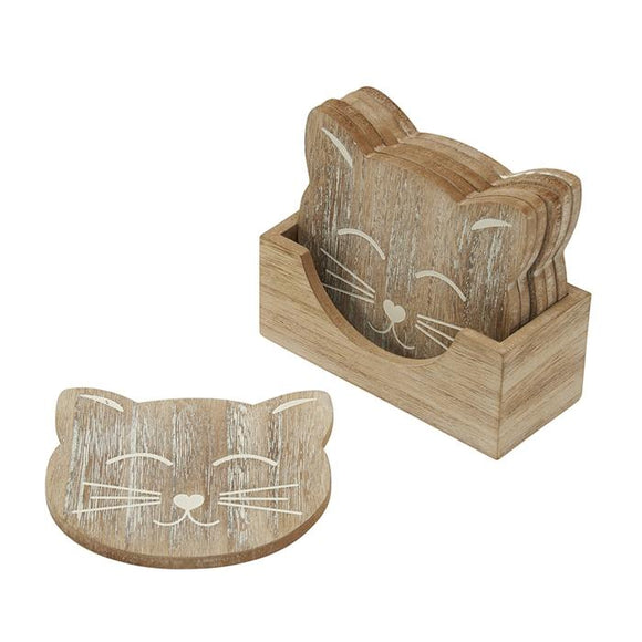 Rustic Cat Carved Wooden Coasters - Set Of 6