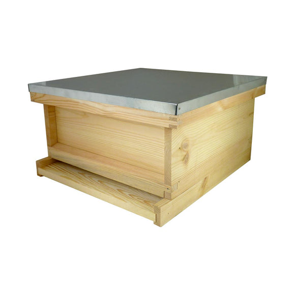 National Hive Kit - Flat Pine Brood Box, Assembled Roof and Floor, with flat Frames and Wax Foundation